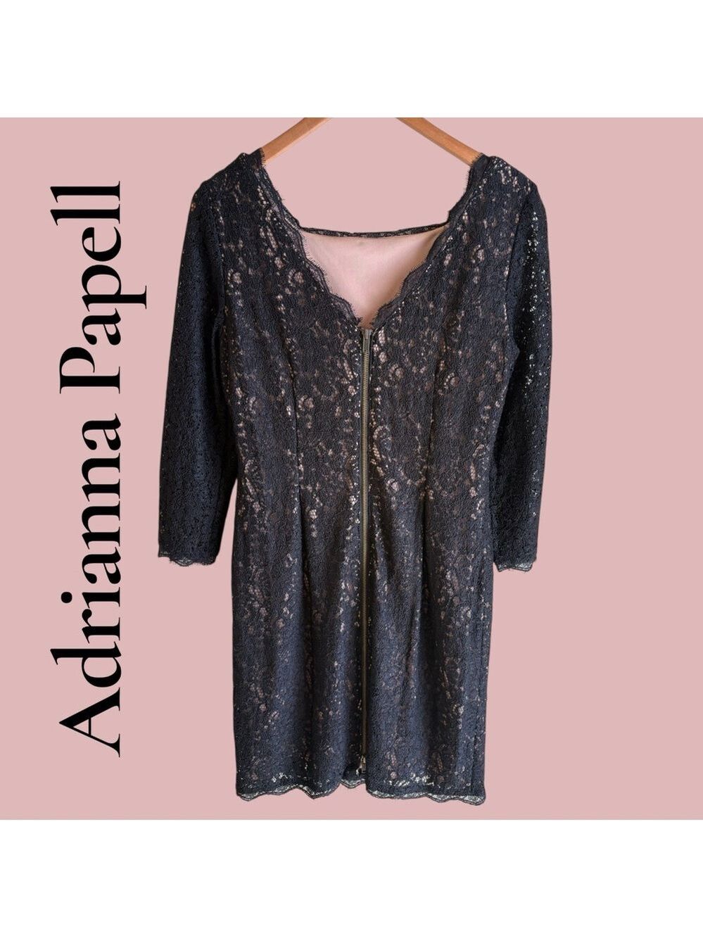 Adrianna Papell Black Boutique Lace Sheath Dress. V-Back/Full zip. Size 12 EUC! - Picture 12 of 16